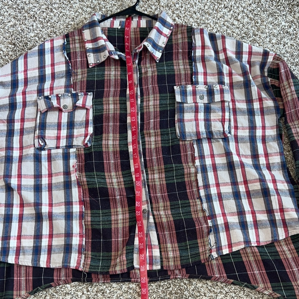 Women's Patchwork Plaid Button Down Shirt with St… - image 14